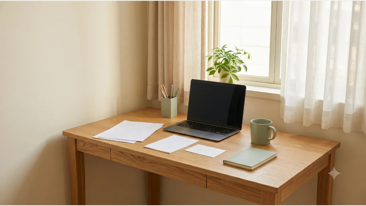 A powered-off laptop on an oak desk with plain documents laid out in order, a sage notebook, and a mug