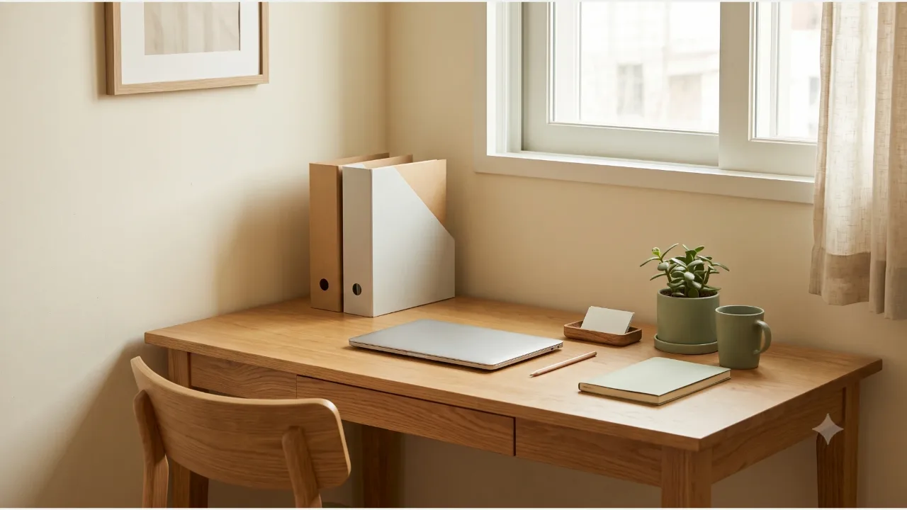A closed laptop and a card tray on an oak desk, with a sage notebook and mug