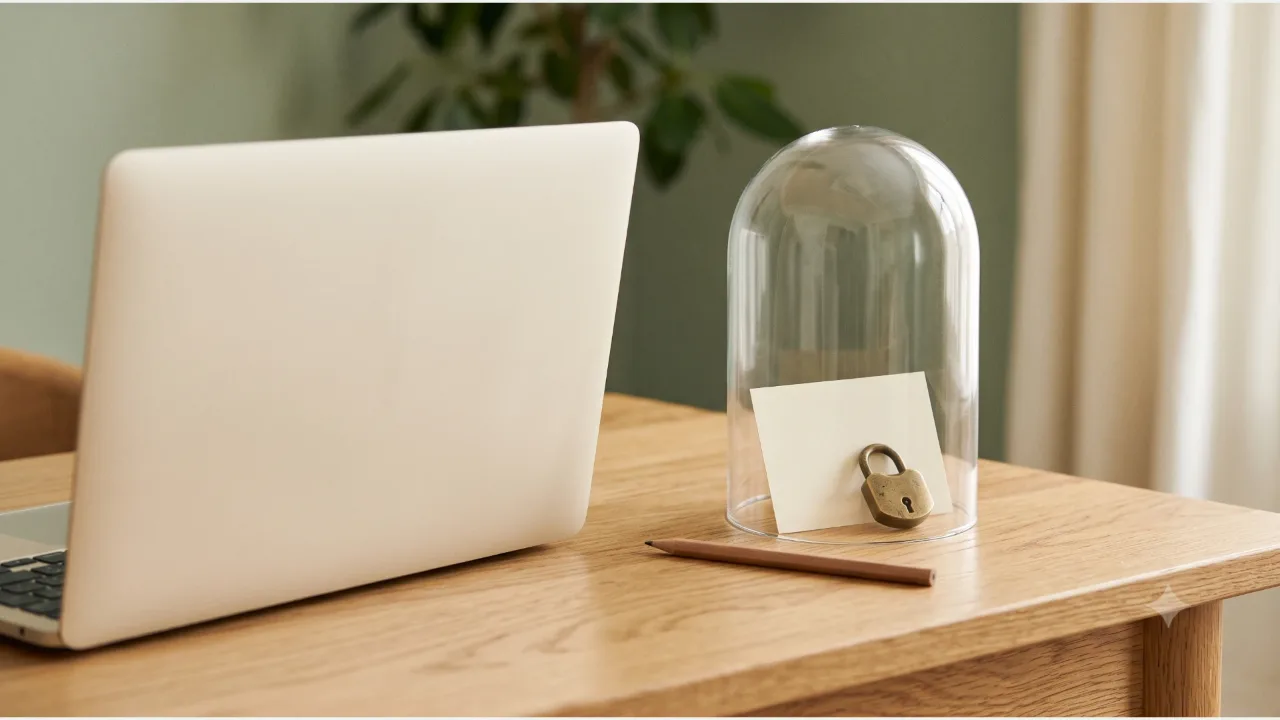 A half-open plain laptop on an oak desk, a plain card inside a glass dome with a brass padlock, and a pencil