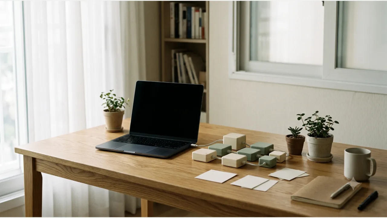 A powered-off laptop on an oak desk, cream and sage blocks linked together, plain cards, and a small potted plant