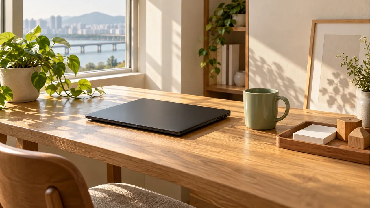 A closed laptop with a blank screen, blank memo cards in a small wooden tray with geometric blocks, and a sage green mug on an oak desk by a window