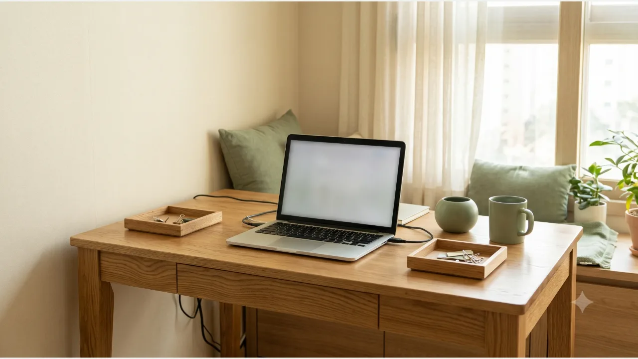 A laptop with a blank screen on an oak desk with connecting lines, small wooden trays on either side, and a sage mug