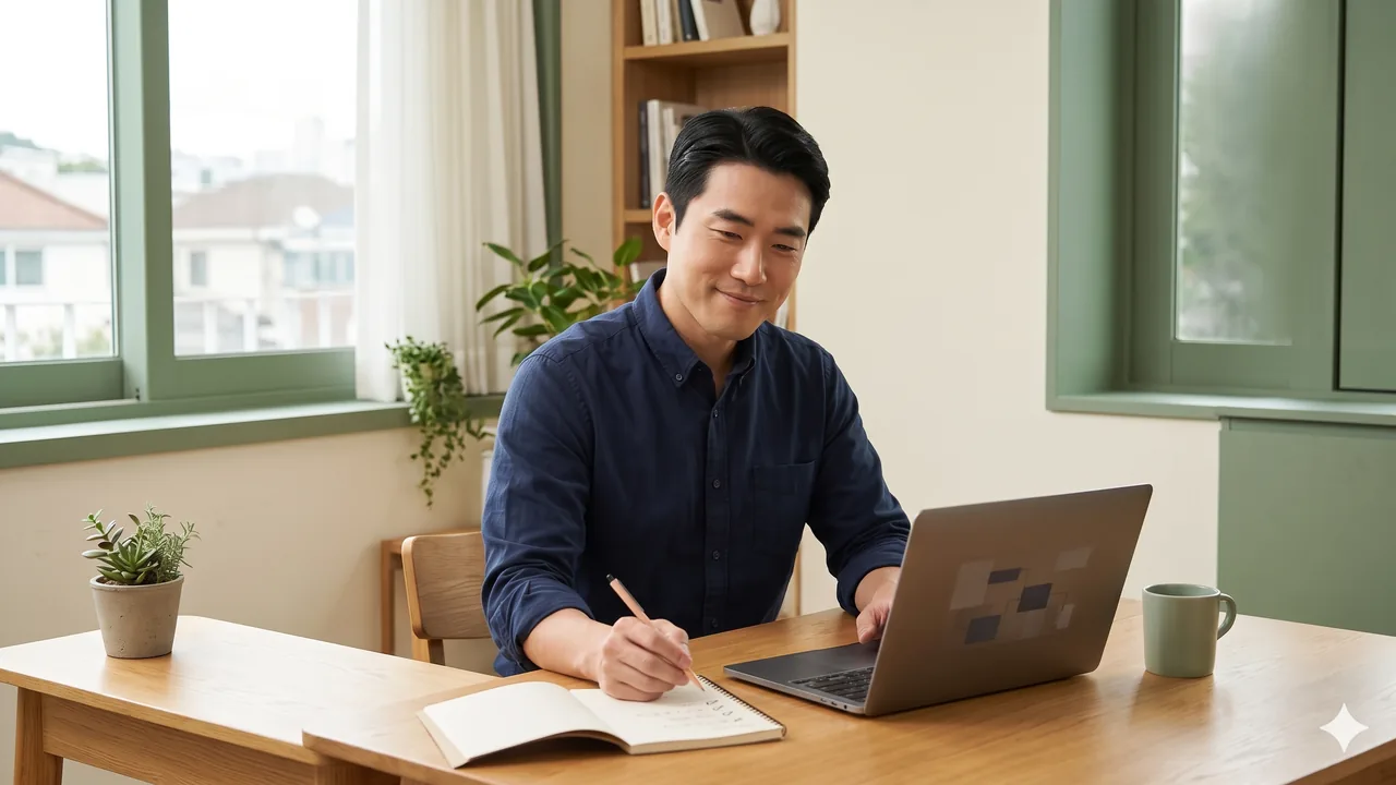 A man in a navy work shirt writing in a notebook with a pencil while calmly looking at an open laptop at an oak desk by a bright window