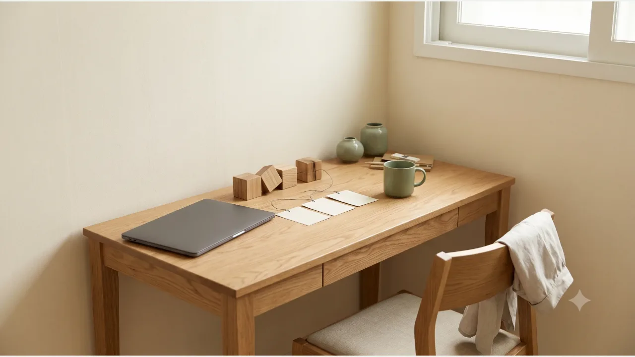 A closed laptop on an oak desk by a window, wooden blocks and plain cards linked by thread, a sage mug, and a small vase