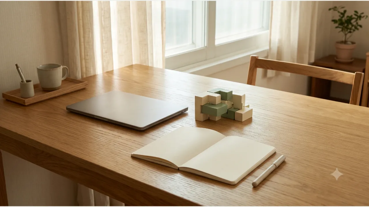 A powered-off laptop on an oak desk, interlocking cream and sage wooden connector blocks, and a plain notebook