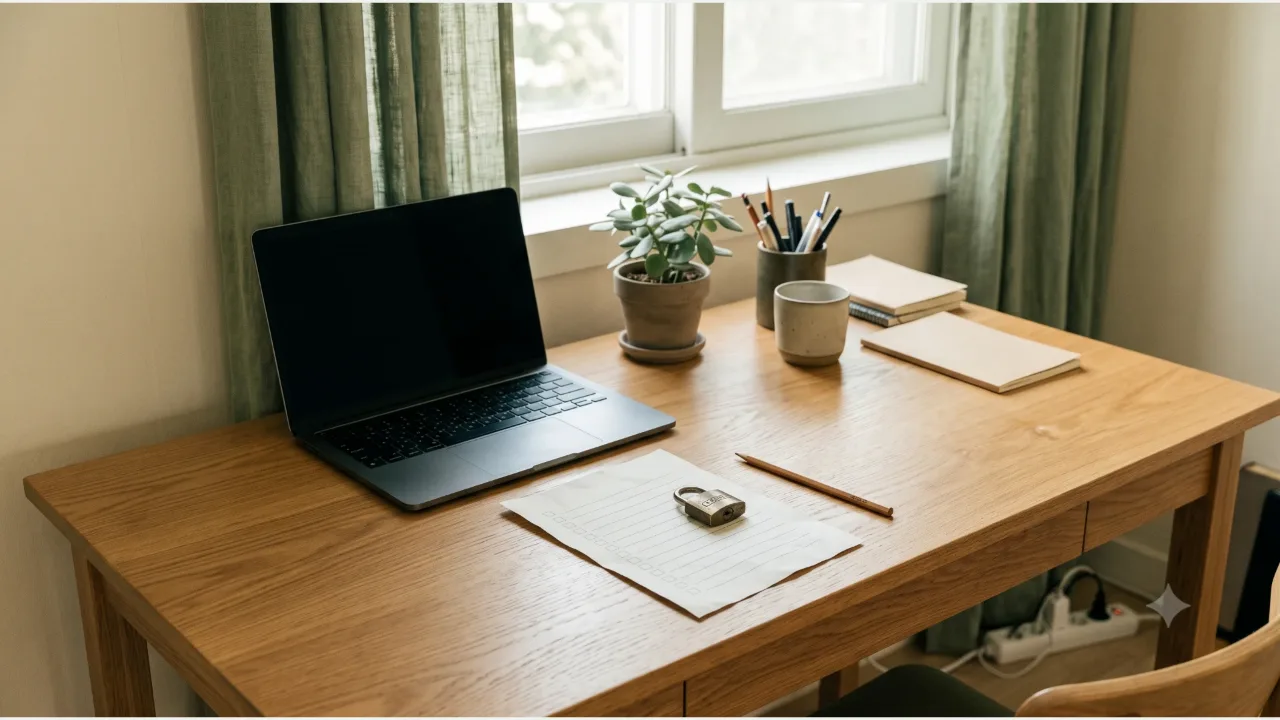A powered-off laptop on an oak desk, a plain checklist sheet, a brass padlock, and a pencil