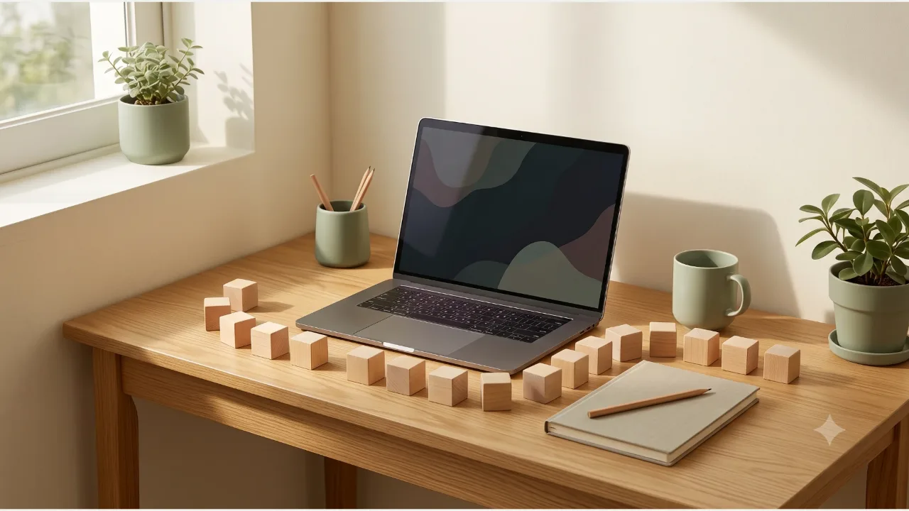 A laptop with an abstract screen on an oak desk, wooden blocks laid out in order, a closed notebook, and a pencil