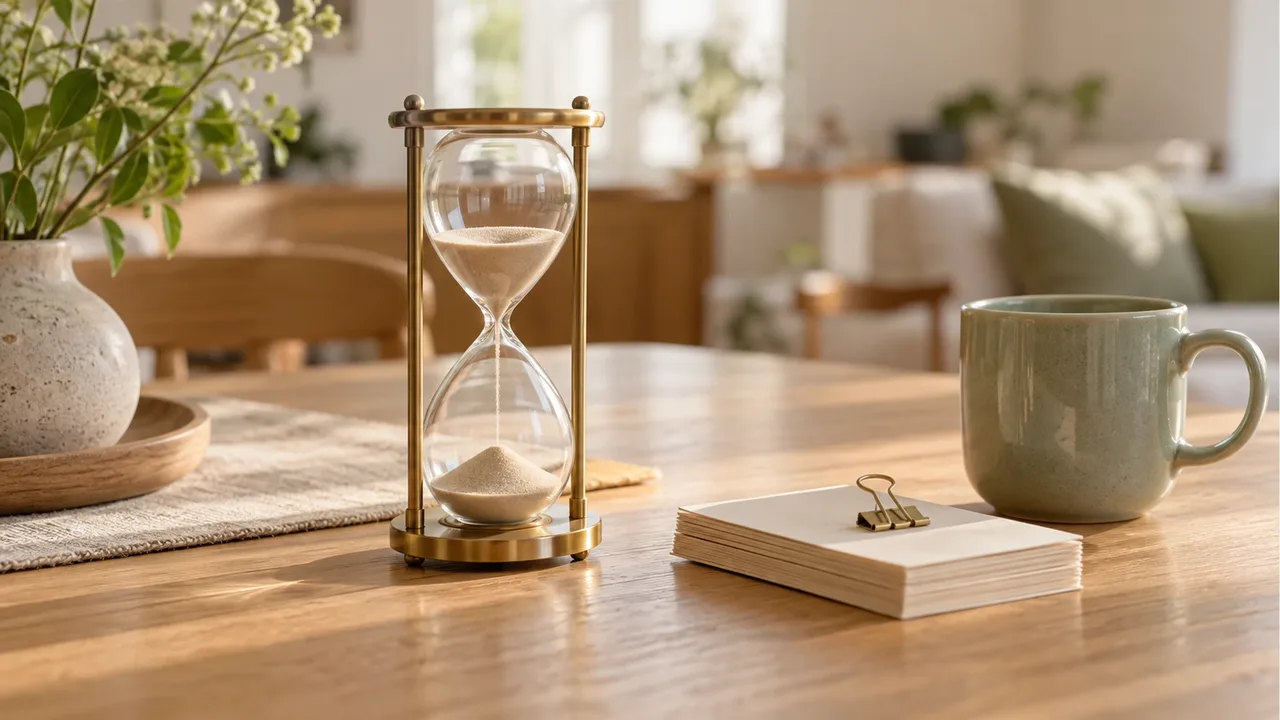 A brass-framed hourglass with falling sand on an oak table, a clipped stack of plain cards, and a sage mug