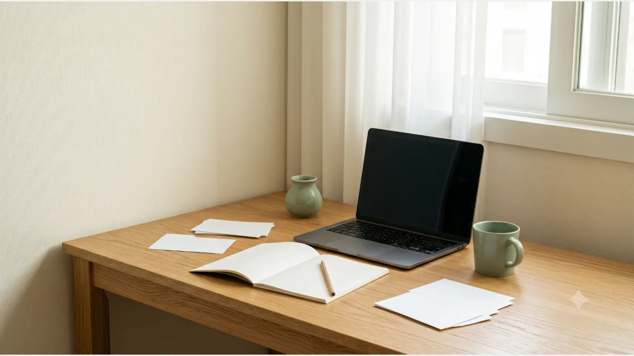 A powered-off laptop on a small desk, an open blank notebook with a pencil on it, plain paper cards, and a sage mug