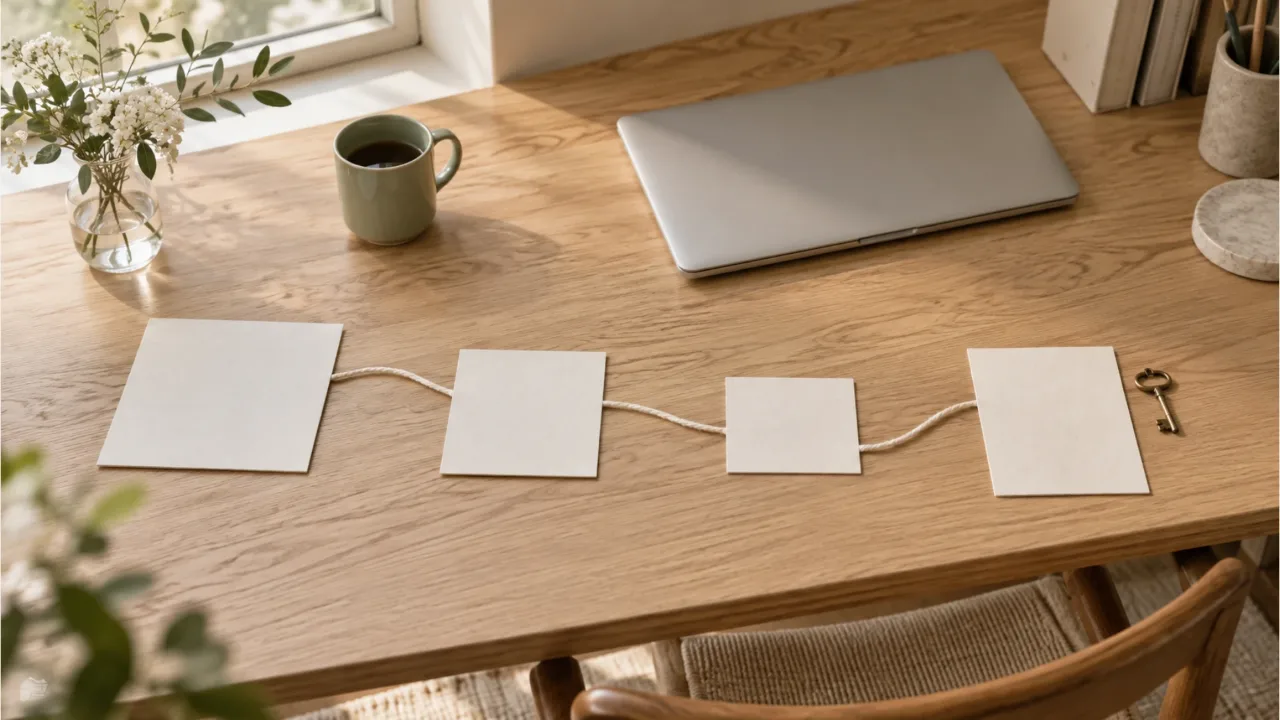 Four plain cards linked in order by a thread and a brass key on an oak desk by a window, a closed laptop, a sage mug, and a small vase