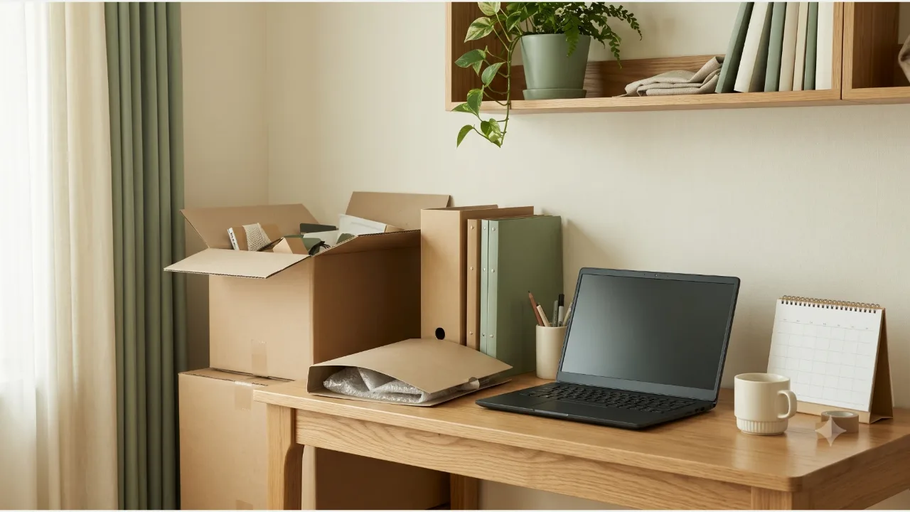 A powered-off laptop on an oak desk, a half-packed moving box and a plain folder, and a desk calendar