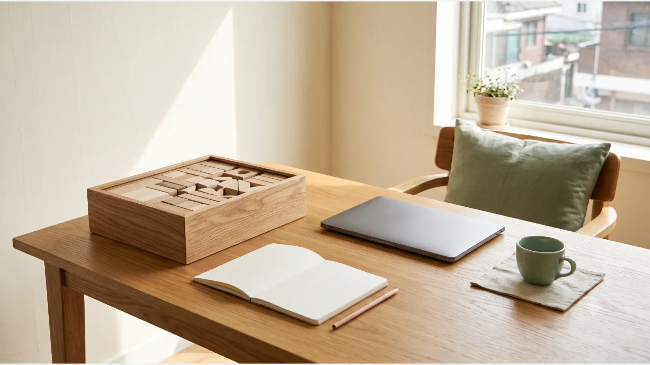 A closed laptop on an oak desk, a box holding wooden blocks, an open blank notebook, and a sage mug
