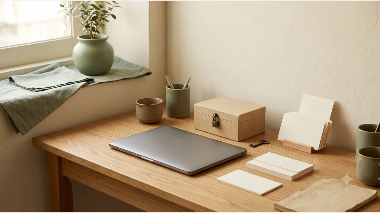 A closed laptop on an oak desk, a wooden box with a lock and a blank card, and a sage potted plant